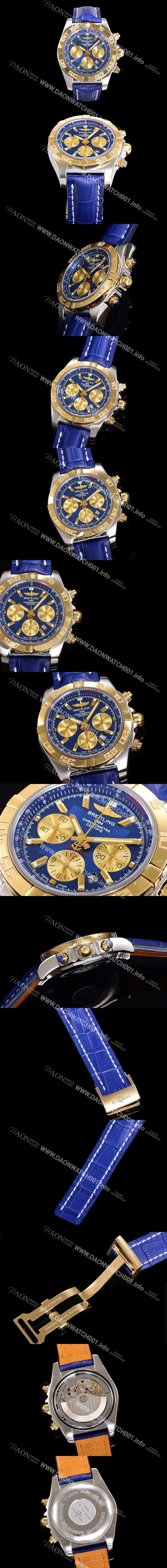 홍콩명품 [브라이틀링] 남성용 원드라이더 크로노맷 오토매틱 ETA-7750 기계식 44mm 18K 옐루골드 가죽줄 블루다이얼 bre5121