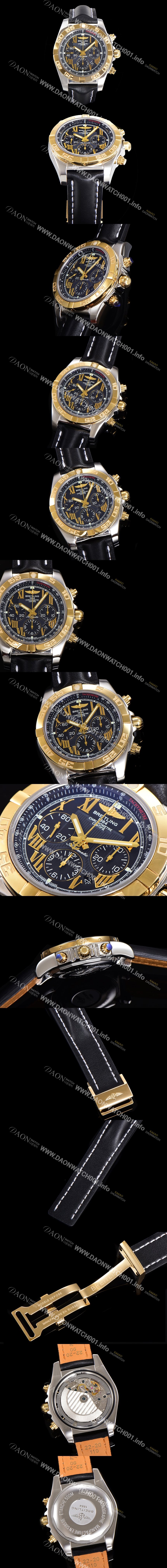 홍콩명품 [브라이틀링] 남성용 원드라이더 크로노맷 오토매틱 ETA-7750 기계식 44mm 18K 옐루골드 가죽줄 블랙다이얼 bre1951