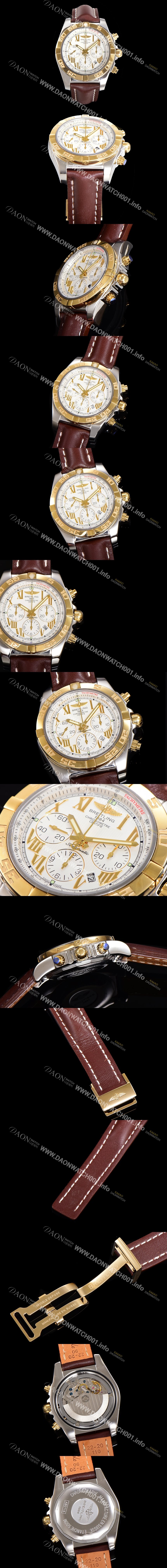 홍콩명품 [브라이틀링] 남성용 원드라이더 크로노맷 오토매틱 ETA-7750 기계식 44mm 18K 옐루골드 가죽줄 화이트다이얼 bre9152