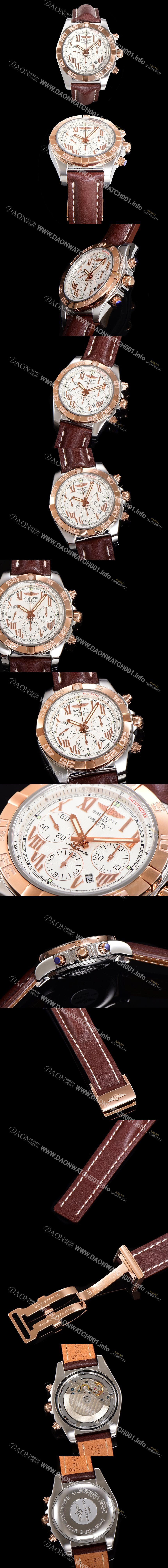 홍콩명품 [브라이틀링] 남성용 원드라이더 크로노맷 오토매틱 ETA-7750 기계식 44mm 18K 로즈골드 가죽줄 화이트다이얼 bre9911