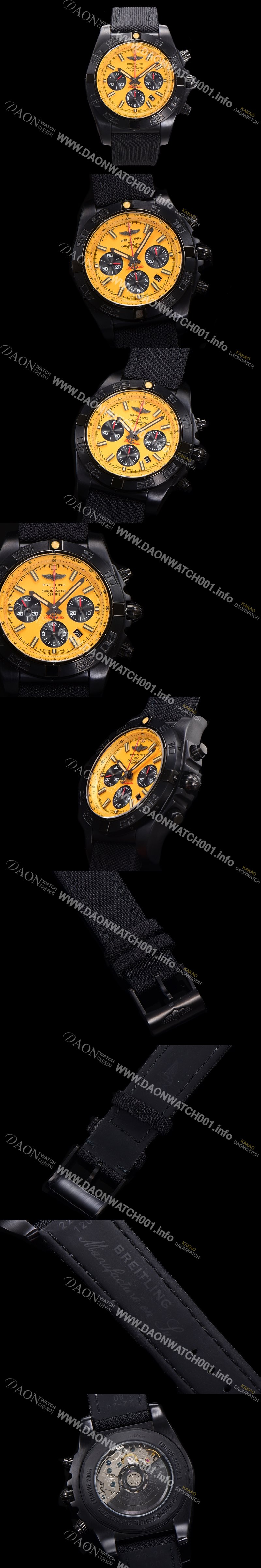 홍콩명품 [브라이틀링] 남성용 크로노맷 DLC 블랙스틸 오토매틱 ETA 7750-2 타입 44mm 나토천/가죽믹스 옐루다이얼  bre9028