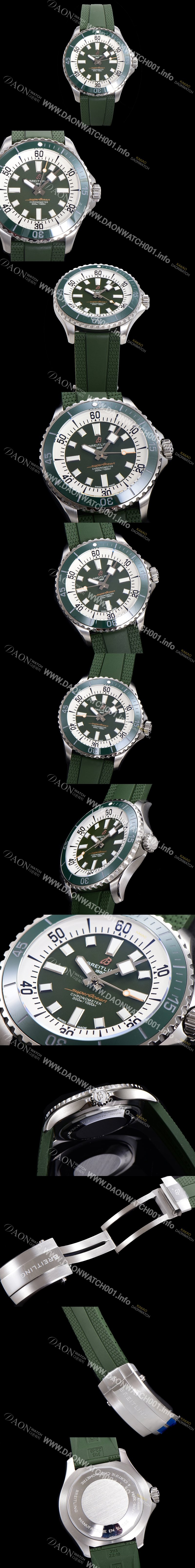 홍콩명품 [브라이틀링 뉴 다이버워치] 남성용 슈퍼오션 44mm 오토매틱 ETA2824-2 타입 크로노미터 우레탄줄 세라믹베젤 그린다이얼 bre80774