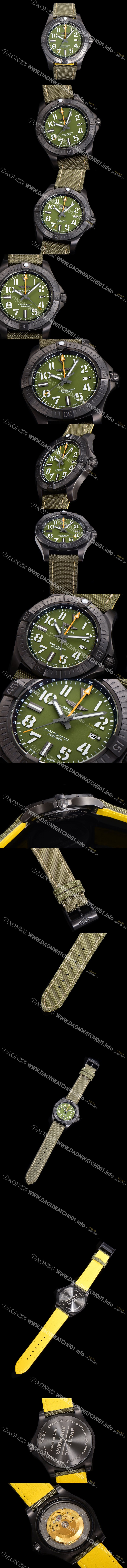 홍콩명품 [브라이틀링] 남성용 어벤져 나이트 미션 밀리터리 한정판 오토매틱 ETA2836-2 타입 GMT 45mm  DLC코팅 무광 올블랙 나토천/가죽 믹스 카키다이얼 bre82074