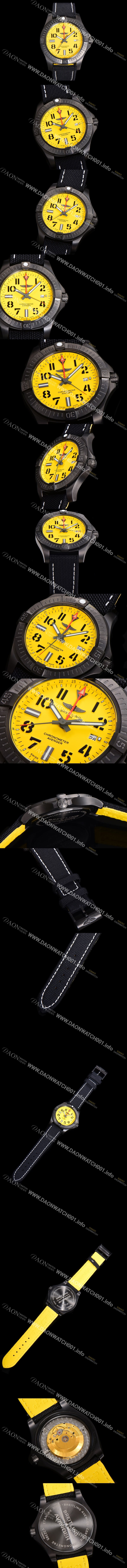 홍콩명품 [브라이틀링] 남성용 어벤져 나이트 미션 밀리터리 한정판 오토매틱 ETA2836-2 타입 GMT  45mm  DLC코팅 무광 올블랙 나토천/가죽 믹스 옐루다이얼 bre74988