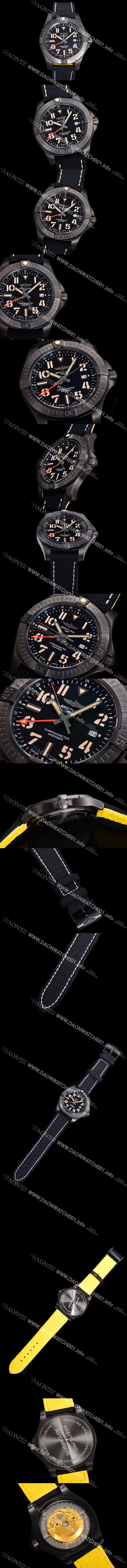 홍콩명품 [브라이틀링] 남성용 어벤져 나이트 미션 밀리터리 한정판 오토매틱 ETA2836-2 타입 GMT 45mm  DLC코팅 무광 올블랙 나토천/가죽 믹스 블랙다이얼  bre40298