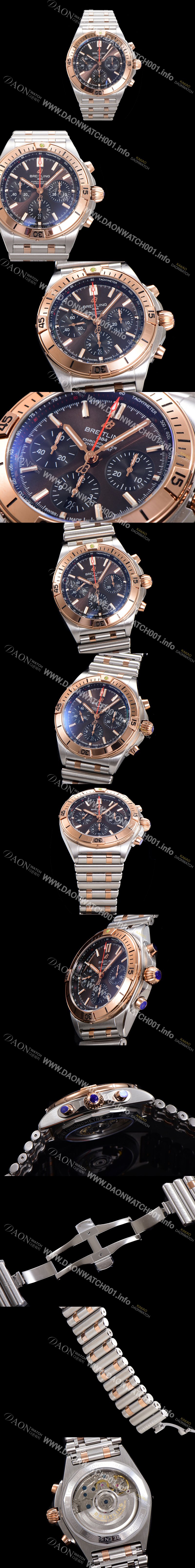 홍콩명품 [브라이틀링] 남성용 크로노맷 B01 오토매틱 ETA7750-2 타입 42mm 금장시계 메탈줄 브라운 다이얼 bre36740