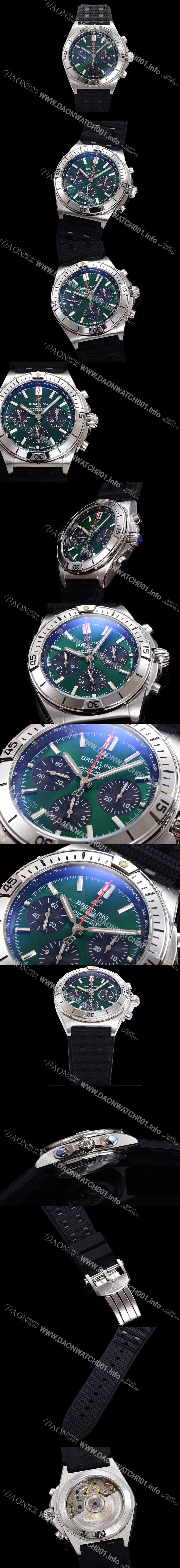 홍콩명품 [브라이틀링] 남성용 크로노맷 B01 오토매틱 ETA7750-2 타입 42mm 금장시계 우레탄줄 그린다이얼 bre21436