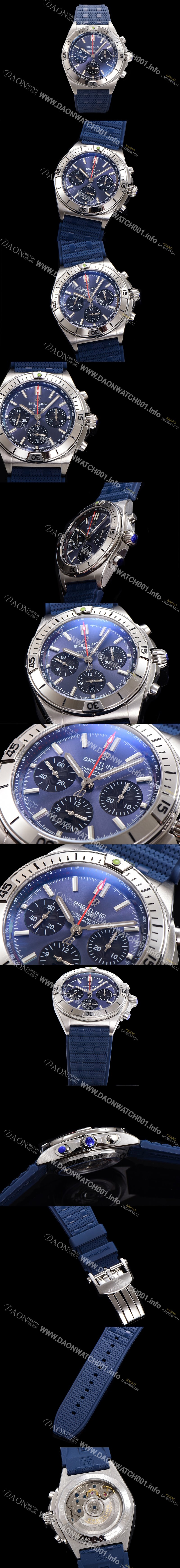 홍콩명품 [브라이틀링] 남성용 크로노맷 B01 오토매틱 ETA7750-2 타입 42mm 금장시계 우레탄줄 블루 다이얼 bre95034