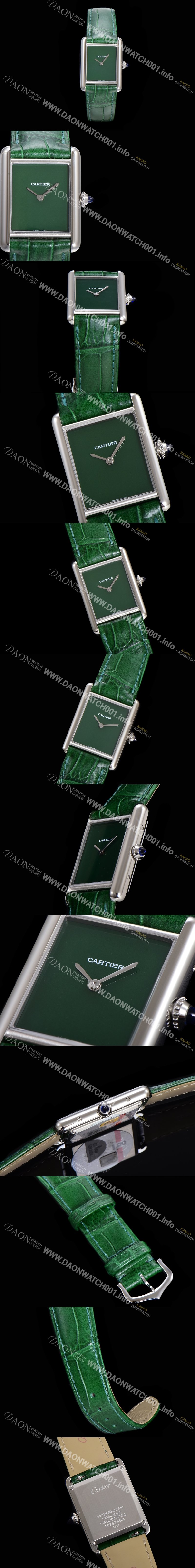 홍콩명품 [까르띠에] 여성용 탱크 머스트 WSTA0054 로마 인덱스 33.7mm 그린 다이얼 악어가죽줄 쿼츠 무브먼트 CAR00575