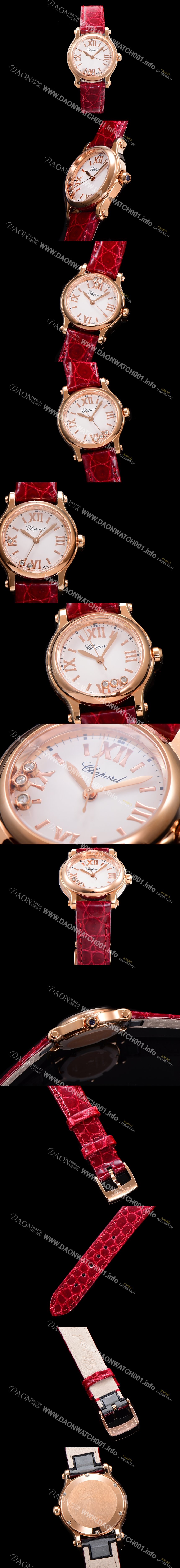 홍콩명품 [쇼파드] 여성용 해피스포츠 다이아몬드 쿼츠 오리지널 ETA956.102 타입 스몰30mm 레이디스 금장시계  가죽줄 화이트다이얼 cho8298