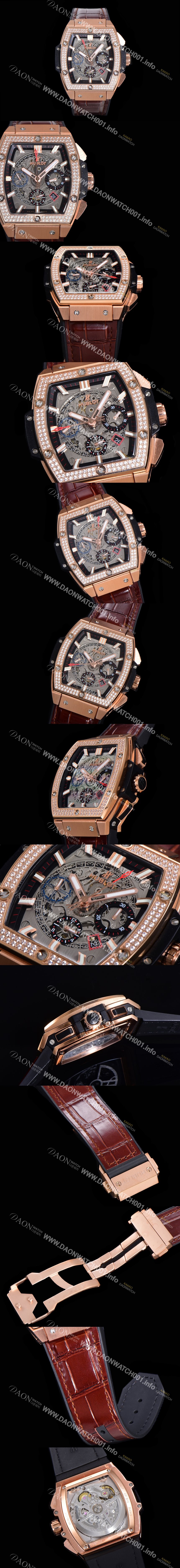 홍콩명품 [휴블렛] 남성용 스피릿 빅뱅 마스터피스 크로노그래프 Hub4700타입 45mm 18K로즈골드/다이아몬드 셋팅 가죽줄 스켈래톤다이얼 hub9351