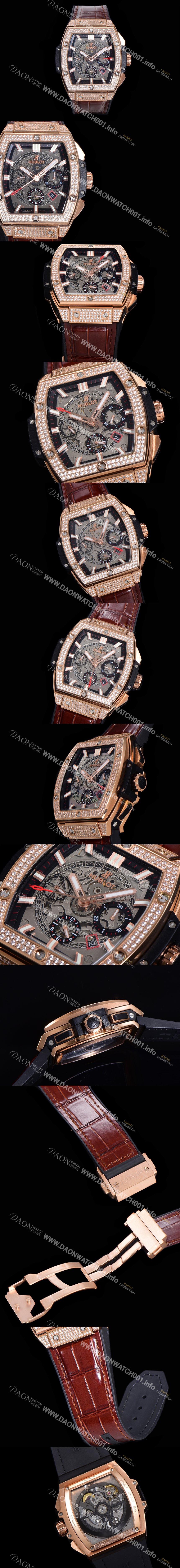 홍콩명품 [휴블렛] 남성용 스피릿 빅뱅 마스터피스 크로노그래프 Hub4700타입 45mm 18K로즈골드/다이아몬드 셋팅 가죽줄 스켈래톤다이얼 hub2191