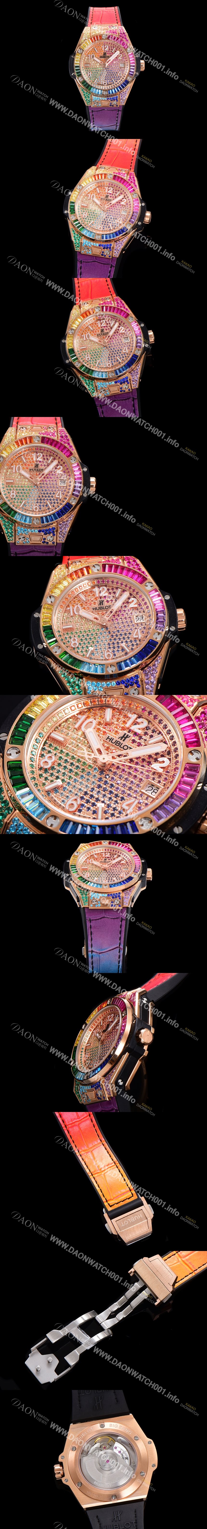 홍콩명품 [휴블렛] 남여공용 빅뱅 오토매틱 HUB1710타입 39mm 다이아/보석 세팅 로즈골드 우레탄/가죽 믹스밴드 보석다이얼 hub9131
