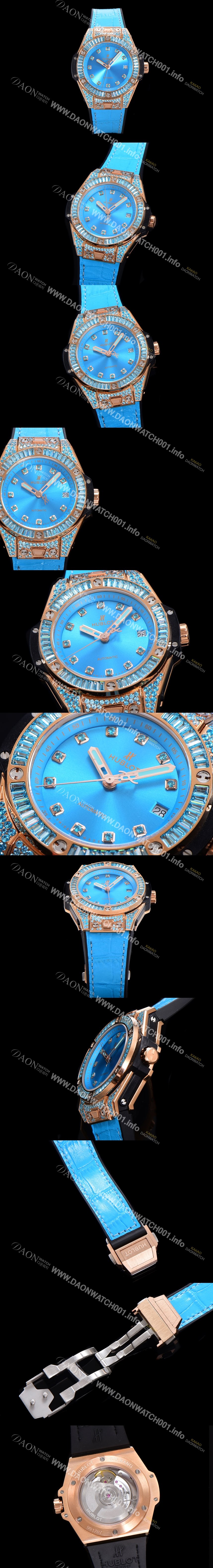 홍콩명품 [휴블렛] 남여공용 빅뱅 오토매틱 HUB1710타입 39mm 다이아/보석 세팅 로즈골드 우레탄/가죽 믹스밴드 블루다이얼 hub9312