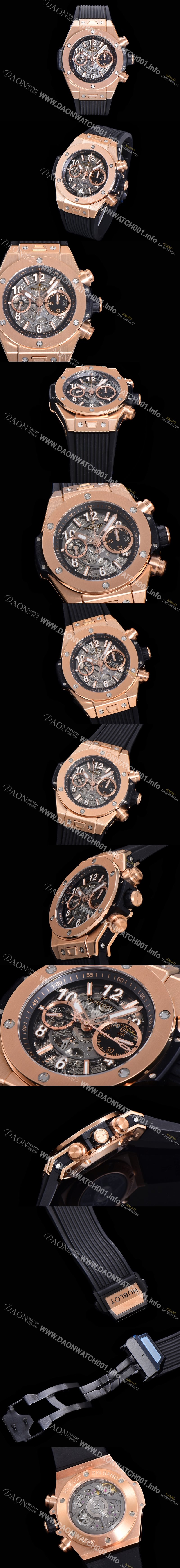 홍콩명품 [휴블렛] 남성용 빅뱅 유니코 킹골드 크로노그래프 421.OX.5180.RX 로즈골드 HUB1280 오토매틱 므브먼트 44mm 러버밴드 스켈레톤 다이얼 hub38959