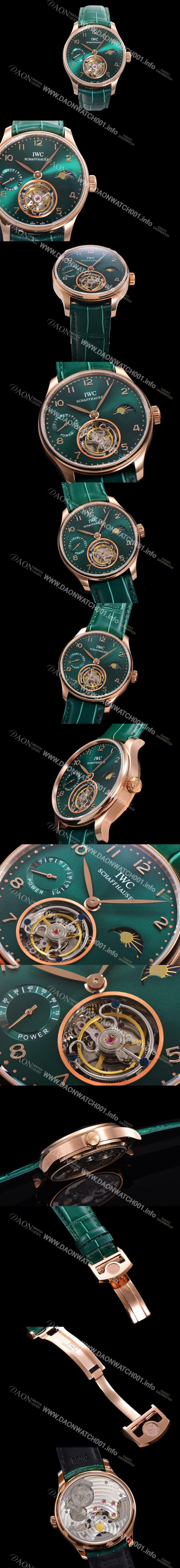 홍콩명품 [아이더블유씨] 남성용 신제품 UP!! 포르투기즈 컴플리케이션 하이  "투어빌론 문페이즈 파워 리저브"아시안 투어빌론 탑재  18K 로즈골드 42mm 가죽줄 그린 다이얼   iwc1599