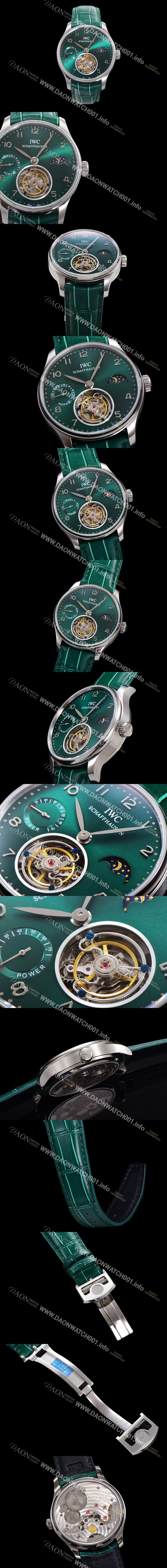 홍콩명품 [아이더블유씨] 남성용 신제품 UP!! 포르투기즈 컴플리케이션 하이  "투어빌론 문페이즈 파워 리저브"아시안 투어빌론 탑재  42mm 가죽줄 그린 다이얼   iwc9359