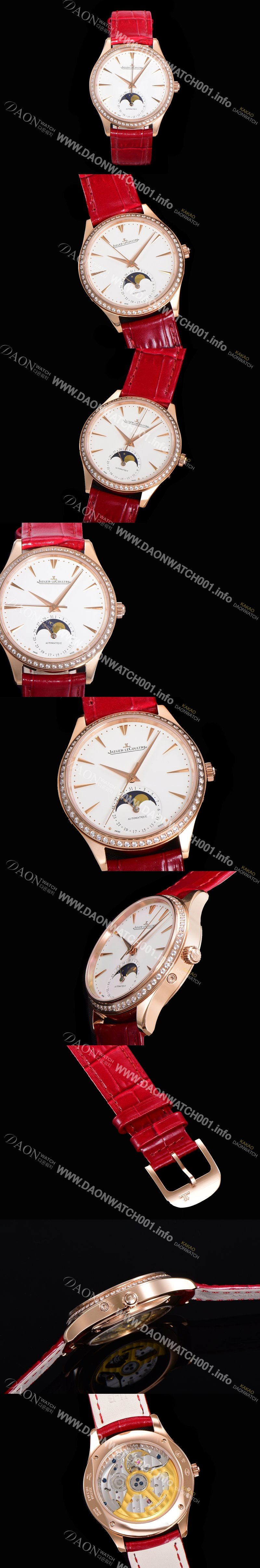 홍콩명품 [예거르꿀뜨르] 남성용 마스터 울트라 씬 문페이즈 39mm 오토매틱 866타입 18K로즈골드/다이아몬드 베젤 가죽줄 화이트다이얼 jag2319