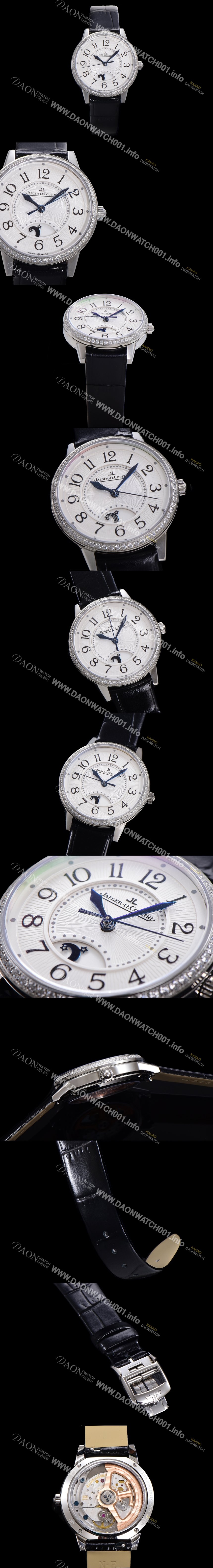 홍콩명품 [예거 르꿀르뜨] 여성용 랑데뷰 나잇&데이 문페이즈 오토매틱 898A 타입 무브 34mm 보석 배젤 가죽줄 화이트다이얼 jag9915