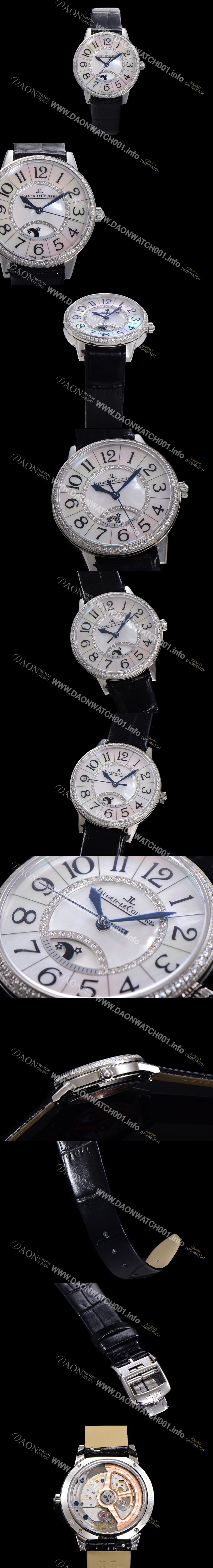 홍콩명품 [예거 르꿀르뜨] 여성용 랑데뷰 나잇&데이 문페이즈 오토매틱 898A 타입 무브 34mm 보석 배젤 가죽줄자게 화이트다이얼 jag5913