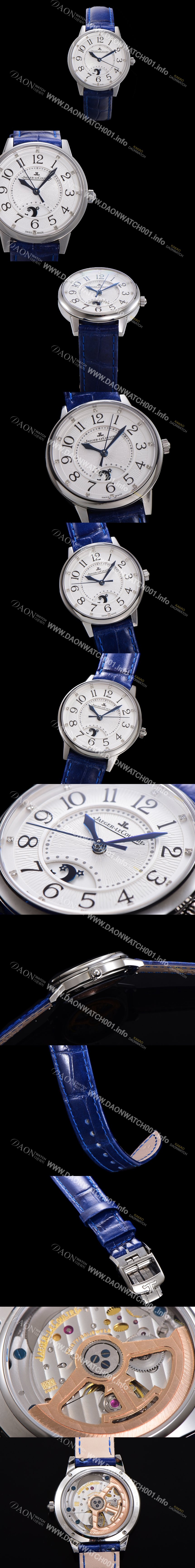 홍콩명품 [예거 르꿀르뜨] 여성용 랑데뷰 나잇&데이 문페이즈 오토매틱 898A 타입 무브 34mm 보석 배젤 가죽줄 화이트다이얼 jag9139