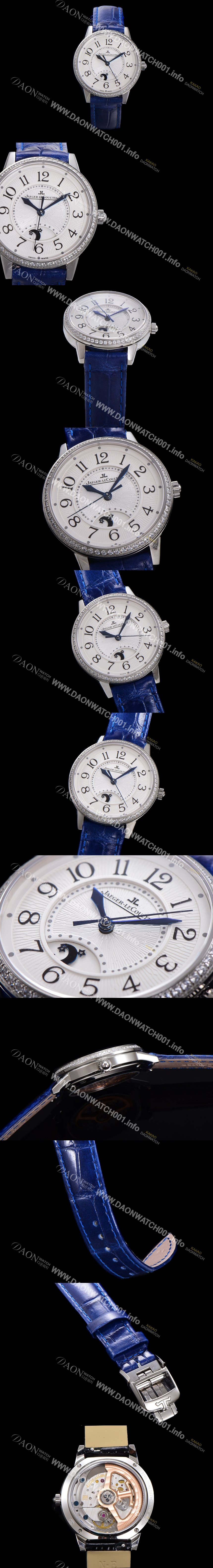 홍콩명품 [예거 르꿀르뜨] 여성용 랑데뷰 나잇&데이 문페이즈 오토매틱 898A 타입 무브 34mm 보석 배젤 가죽줄  화이트다이얼 jag1521