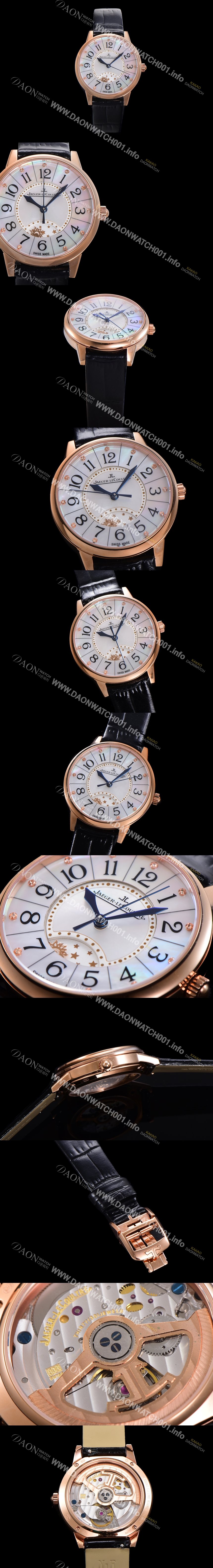 홍콩명품 [예거 르꿀르뜨] 여성용 랑데뷰 나잇&데이 문페이즈 오토매틱 898A 타입 무브 34mm 금장 가죽줄 자게 화이트다이얼 jag5123