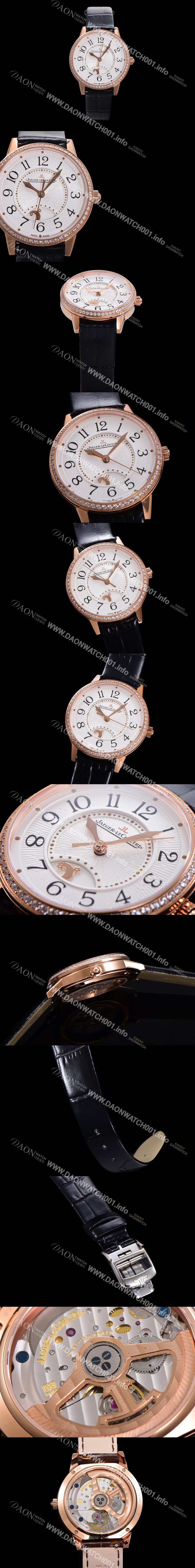 홍콩명품 [예거 르꿀르뜨] 여성용 랑데뷰 나잇&데이 문페이즈 오토매틱 898A 타입 무브 34mm 금장시계 보석  배젤 가죽줄 화이트다이얼 jag9251