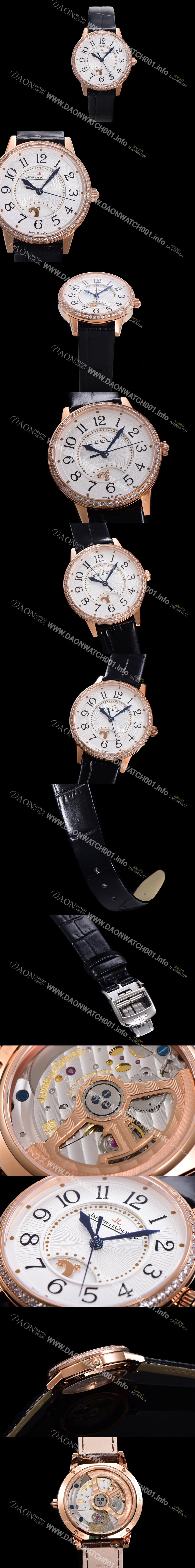 홍콩명품 [예거 르꿀르뜨] 여성용 랑데뷰 나잇&데이 문페이즈 오토매틱 898A 타입 무브 34mm 금장시계 보석 배젤 가죽줄 화이트다이얼 jag1151