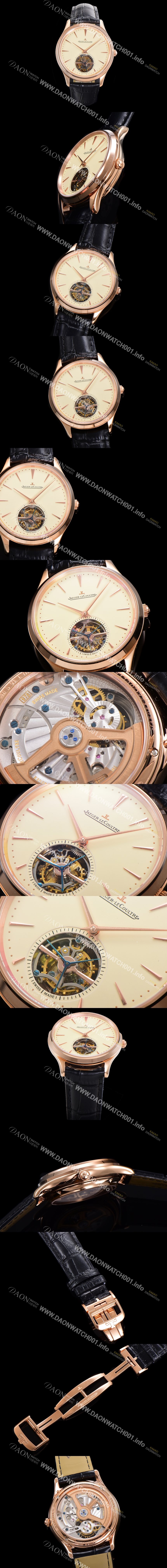 홍콩명품 [예거 르꿀르뜨] 남성용 마스터 울트라 씬 투어빌론 43mm 18K로즈골드 가죽줄 아이보리 다이얼  jag1925