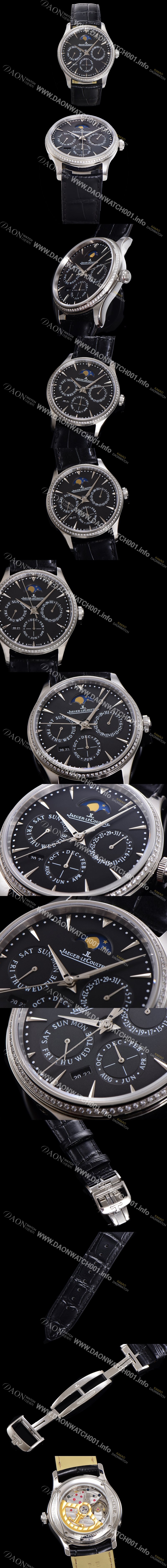 홍콩명품 [예거르꿀뜨르] 남성용 마스터 울트라 퍼페추얼 캘린더 오토매틱 MC868 타입 39mm 가죽줄 다이아몬드베젤 문페이즈  블랙다이얼 jag49774