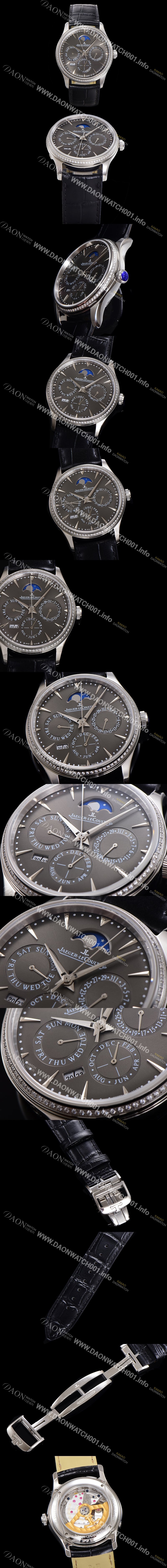 홍콩명품 [예거르꿀뜨르] 남성용 마스터 울트라 퍼페추얼 캘린더 오토매틱 MC868 타입 39mm 가죽줄 다이아몬드베젤 문페이즈  그레이 다이얼 jag70487