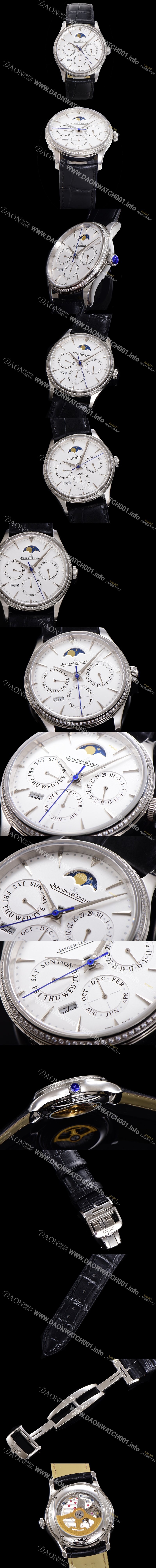 홍콩명품 [예거르꿀뜨르] 남성용 마스터 울트라 퍼페추얼 캘린더 오토매틱 MC868 타입 39mm 가죽줄 다이아몬드베젤 문페이즈  화이트다이얼 jag24492