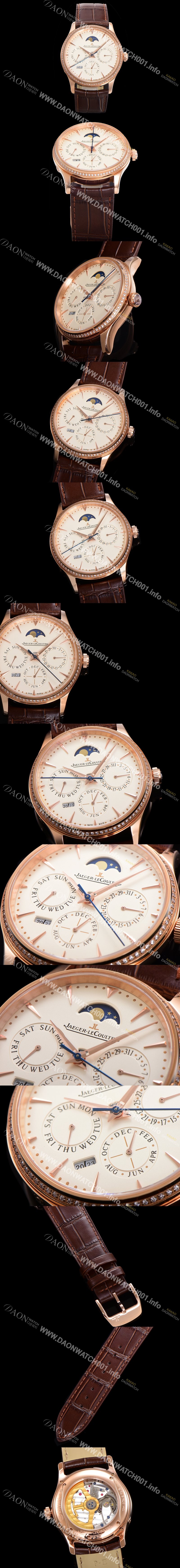 홍콩명품 [예거르꿀뜨르] 남성용 마스터 울트라 퍼페추얼 캘린더 18K 로즈골드 오토매틱 MC868 타입 39mm 가죽줄 다이아몬드베젤 문페이즈 아이보리다이얼 jag20778