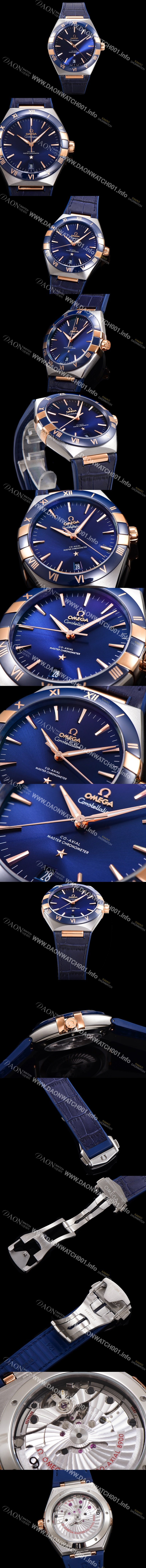 홍콩명품 [오메가] 남성용 1:1수제공정! 무브UP 컨스틸레이션 코-엑시얼 마스터 오토매틱 Cal.8900타입  41mm  18K 로즈골드 가죽/우레탄 믹스 블루다이얼 omg90744