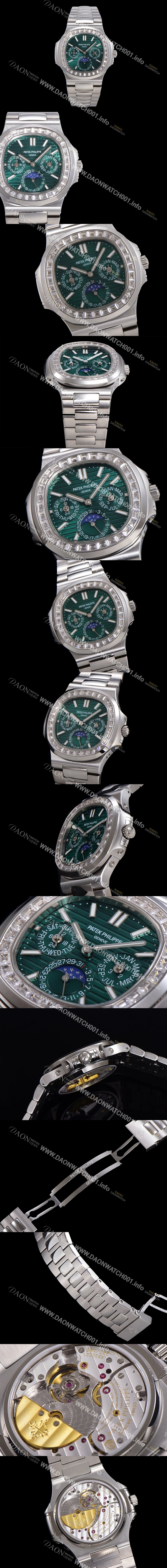 홍콩명품 [파텍필립] 남성용 Ref.5740 노틸러스 문페이즈 오토매틱 Cal.240 Q타입 40mm 다이아몬드/쥬얼 메탈줄  그린다이얼 pat1215