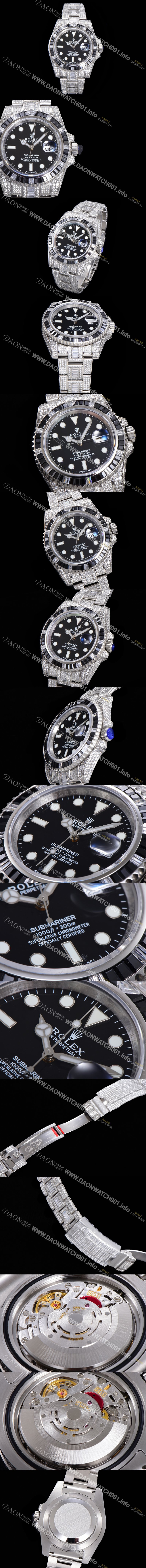 홍콩명품 [로렉스] 남성용 서브마리너 풀 다이아몬드 셋팅 오토매틱 Cal.3135 무브 40mm 블랙다이얼 rol5113