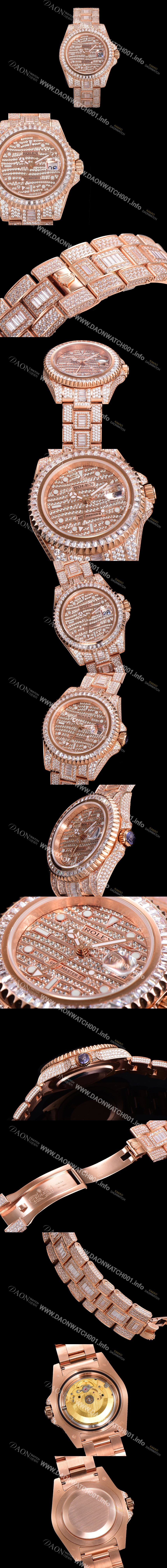 홍콩명품 [로렉스] 남성용 지엠티-마스터 오토매틱 E2836-2 타입 18K 로즈골드/풀다이아몬드 셋팅 41mm 메탈줄 골드/다이아몬드 다이얼 rol1299