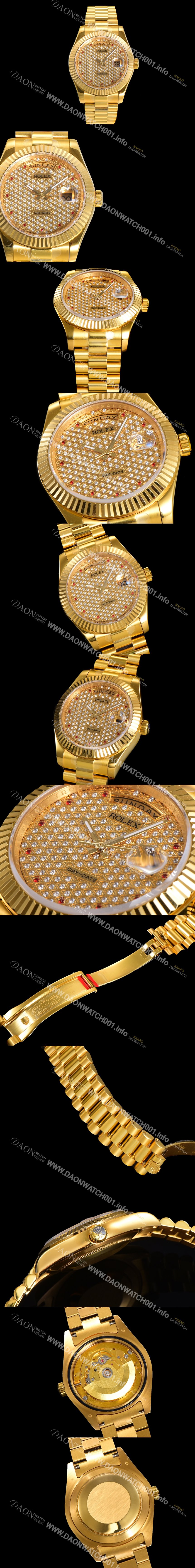 홍콩명품 [로렉스] 남성용 데이데이트II 오토매틱 E2836-2 타입 40mm  18K 옐루골드 올금 다이아몬드 문자판 골드다이얼 rol3125