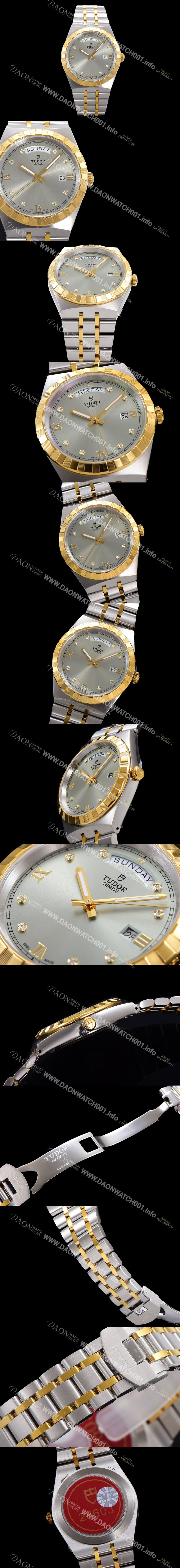 홍콩명품 [튜더] 남성용 로얄 워치 오토매틱 스위스 ETA2836-2 타입 18K 옐루골드 41mm 메탈줄 실버다이얼 tud1195