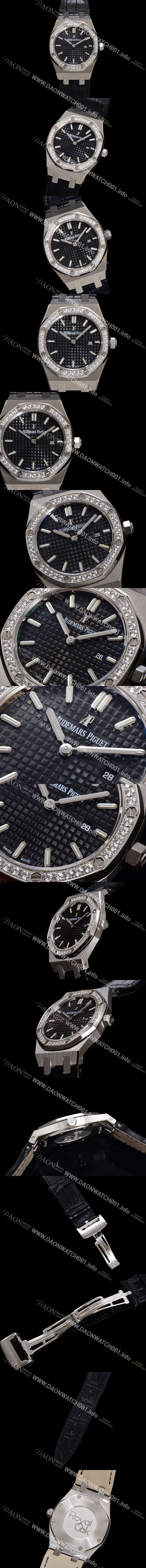 홍콩명품 [오데마피게] 여성용 로얄오크 67651ST.ZZ.D002CR.01 악어가죽줄 33mm 쿼츠 무브먼트 블랙 와플 다이얼 aud6516