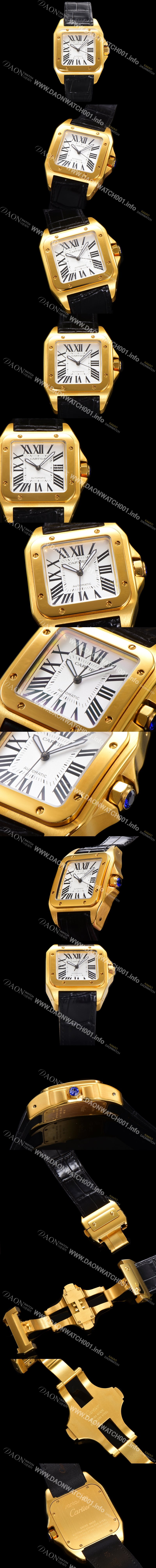 홍콩명품 [까르띠에] 산토스 100 오토매틱 ETA2824-2 타입 18k 옐루골드 남성용 51mm 가죽줄 화이트 다이얼 car69317