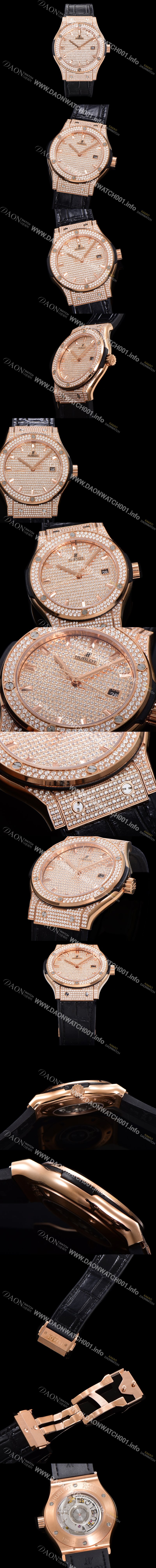 홍콩명품 [휴블렛] 남성용 클래식 퓨전 565.OX.9010.LR.1704 다이아몬드 셋팅 큐빅/보석 다이얼 18K로즈골드 42미리 오토매틱 2892 타입 가죽/우레탄 믹스밴드 hub2127