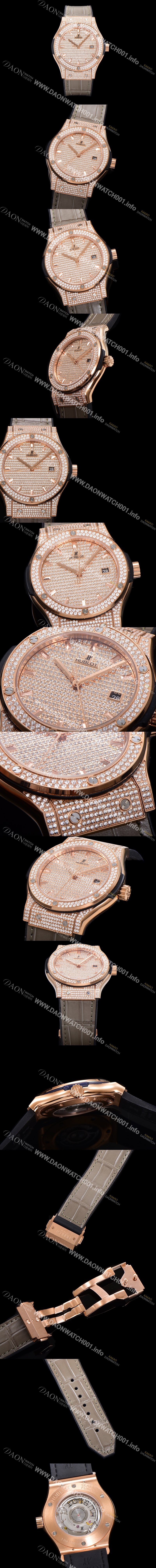 홍콩명품 [휴블렛] 남성용 클래식 퓨전 565.OX.9010.LR.1704 다이아몬드 셋팅 큐빅/보석 다이얼 18K로즈골드 42미리 오토매틱 2892 타입 가죽/우레탄 믹스밴드 hub2128