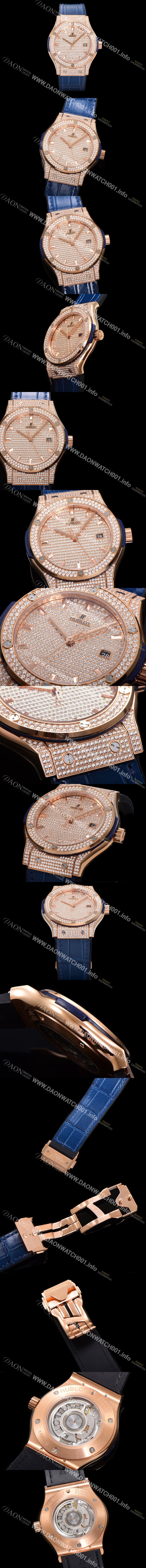 홍콩명품 [휴블렛] 남성용 클래식 퓨전 565.OX.9010.LR.1704 다이아몬드 셋팅 큐빅/보석 다이얼 18K로즈골드 42미리 오토매틱 2892 타입 가죽/우레탄 믹스밴드 hub2129