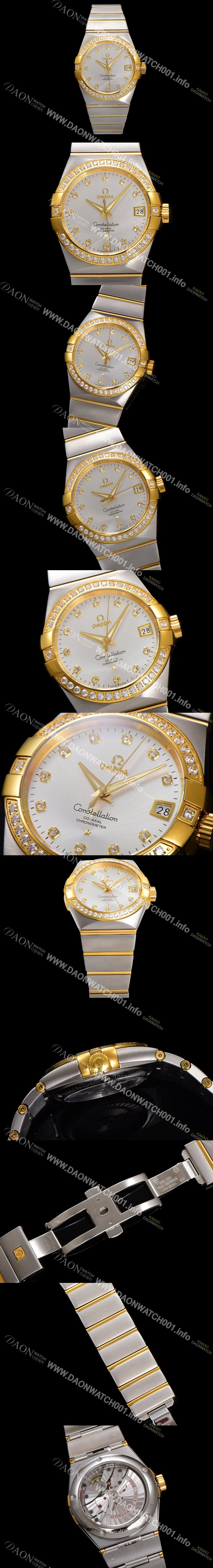 홍콩명품 [오메가] 남성용 컨스틀레이션 123.25.38.21.52.002 18k 옐로우골드 다이아몬드 세팅 베젤 38mm 오토매틱 8500타입 실버 다이얼 omg0157