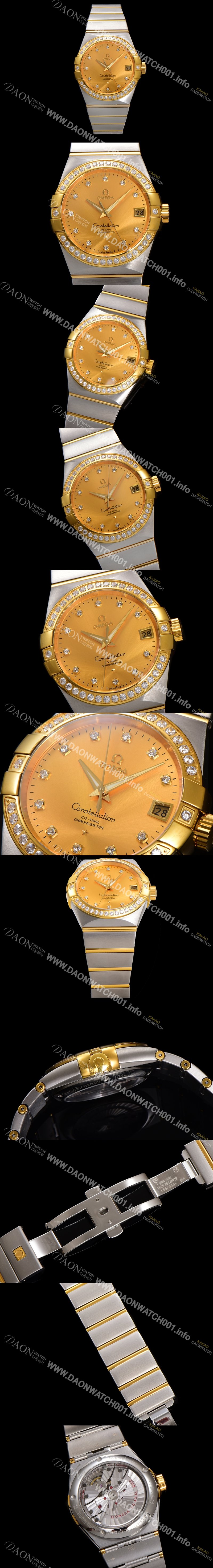 홍콩명품 [오메가] 남성용 컨스틀레이션 123.25.38.21.58.001 18k 옐로우골드 다이아몬드 세팅 베젤 38mm 오토매틱 8500타입 샴페인 다이얼 omg0158