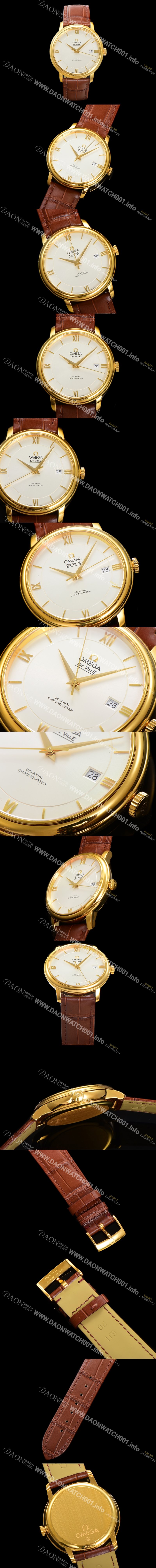 홍콩명품 [오메가] 남성용 드빌 프레스티지 424.53.40.20.02.002 오토매틱 Cal.2500타입 39.5mm 18K 옐로우골드 가죽줄 화이트 다이얼 omg20206